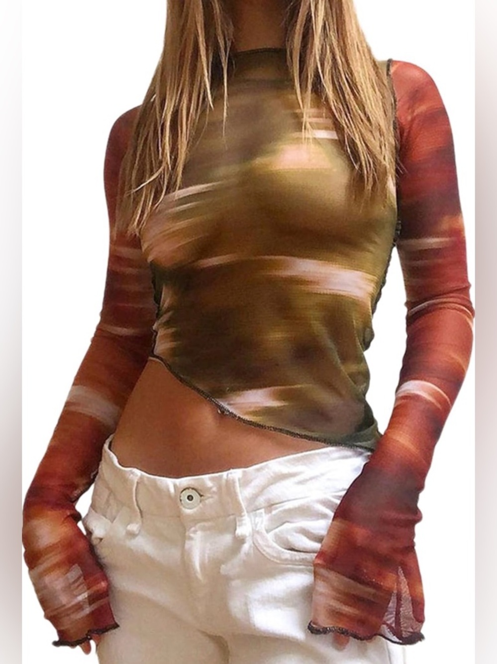 Remidoo Women's Mesh Top Long Sleeve Sheer Asymmetrical Crop Top Patchwork Shirt